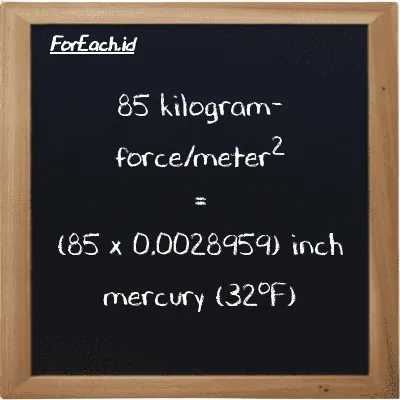 How to convert kilogram-force/meter<sup>2</sup> to inch mercury (32<sup>o</sup>F): 85 kilogram-force/meter<sup>2</sup> (kgf/m<sup>2</sup>) is equivalent to 85 times 0.0028959 inch mercury (32<sup>o</sup>F) (inHg)